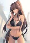 1girl bare_arms bare_legs bare_shoulders bikini black_bikini bottle breasts brown_eyes brown_hair cleavage closed_mouth collarbone cowboy_shot flower groin hair_between_eyes hair_flower hair_ornament highres kantai_collection kasumi_(skchkko) large_breasts long_hair navel pink_flower ponytail ramune smile solo swimsuit very_long_hair yamato_(kancolle) 