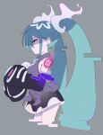  1girl absurdres aqua_hair bare_shoulders breasts detached_sleeves ghost_miku_(project_voltage) grey_background hatsune_miku highres long_hair ocha_(popopogg) pokemon project_voltage simple_background skirt sleeves_past_wrists solo very_long_hair vocaloid yellow_eyes 