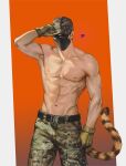  1boy abs bara baseball_cap call_of_duty call_of_duty:_modern_warfare_2 camouflage camouflage_pants gloves green_gloves green_pants hat highres horangi_(modern_warfare_2) male_focus mask mouth_mask muscular muscular_male navel nipples pants pectorals quokka130 simple_background solo sunglasses tail tiger_boy tiger_tail topless_male 