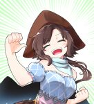  1girl bandana berusuke_(beru_no_su) black_wings blue_shirt breasts brown_hair brown_headwear clenched_hand closed_eyes commentary_request cowboy_hat cowboy_western emphasis_lines feathered_wings happy hat horse_girl kurokoma_saki long_hair medium_breasts off-shoulder_shirt off_shoulder open_mouth pegasus_wings ponytail shirt simple_background solo teeth thumbs_up touhou upper_teeth_only white_background white_bandana wings 