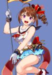  1girl :d ahoge ankle_boots back_bow blue_background blue_skirt boots bow brown_hair commentary drill_hair flag gloves hair_bow high_heel_boots high_heels highres holding holding_flag idol idolmaster idolmaster_million_live! kamille_(vcx68) large_bow legs_up medium_hair microskirt neckerchief open_mouth pleated_skirt purple_eyes red_bow red_neckerchief sailor_collar sailor_shirt shirt short_shorts shorts shorts_under_skirt side_drill side_ponytail sidelocks skirt sleeveless sleeveless_shirt smile solo standing standing_on_one_leg white_footwear white_gloves white_sailor_collar white_shirt white_shorts yokoyama_nao 