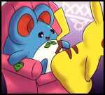  animated armchair blue_body blue_fur bow_tie chair duo feral feral_on_feral fur furniture generation_1_pokemon generation_2_pokemon lapdance male male/male marill mincheeto money nintendo pikachu pokemon pokemon_(species) yellow_body yellow_fur 