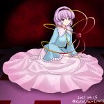  black_hairband blue_shirt closed_mouth commentary dated full_body hairband heart heart_of_string highres komeiji_satori ldschem16 long_sleeves looking_at_viewer one-hour_drawing_challenge pink_skirt purple_eyes purple_hair shirt short_hair skirt third_eye touhou twitter_username 