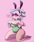  &lt;3 animal_humanoid beauty_mark big_breasts blush breasts bunny_costume cephalopod cephalopod_humanoid cleavage cleavage_overflow clothed clothing costume cupholders ear_piercing ear_ring eyelashes facial_markings fake_ears fake_rabbit_ears female green_clothing green_leotard grey_hair hair head_markings heart_background hi_res huge_breasts humanoid humanoid_pointy_ears inkling kneeling leotard marie_(splatoon) marine marine_humanoid markings mole_(marking) mollusk mollusk_humanoid nintendo pattern_background piercing pink_background pseudo_hair ring_piercing simple_background solo speech_bubble splatoon squid_humanoid tan_body tan_skin tentacle_hair tentacles text thick_thighs wide_hips yellow_eyes 