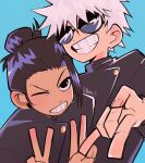  2boys \n/ black_eyes black_hair black_jacket blue_background double_v ear_piercing getou_suguru gojou_satoru grin hair_bun hair_pulled_back hands_up highres jacket jujutsu_kaisen jujutsu_tech_uniform long_sleeves looking_at_viewer male_focus multiple_boys one_eye_closed parody piercing round_eyewear school_uniform scott_pilgrim_(series) scott_pilgrim_takes_off short_hair simple_background smile style_parody sunglasses sybbatra teeth upper_body v v-shaped_eyebrows white_hair 