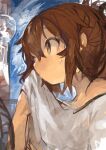  1girl absurdres brown_eyes brown_hair closed_mouth folded_ponytail hair_between_eyes highres inazuma_(kancolle) kaamin_(mariarose753) kantai_collection long_hair profile shirt solo sweat upper_body white_shirt 