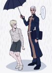  aged_down blonde_hair cassock dark-skinned_male dark_skin donatello_versus enrico_pucci hage_tashuumi holding holding_umbrella jojo_no_kimyou_na_bouken male_focus multicolored_hair priest rain robe shorts sideburns slippers stone_ocean translated two-tone_hair umbrella wet wet_clothes white_hair 