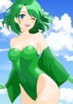  1girl absurdres aged_up blue_eyes blush breasts cloud covered_navel detached_sleeves final_fantasy final_fantasy_iv gloves green_hair green_leotard groin highleg highleg_leotard highres leotard long_hair looking_at_viewer one_eye_closed open_mouth rydia_(ff4) smile solo yuuyuu_(3jjbn) 