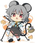  ! !! 1girl animal animal_ears black_dress black_footwear blush capelet cheese commentary dowsing_rod dress food grey_capelet grey_hair highres jewelry long_sleeves mouse mouse_ears nazrin open_mouth pendant ramudia_(lamyun) red_eyes shoes short_hair simple_background socks solo touhou white_background white_socks 