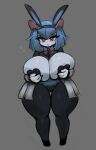  big_breasts black_clothing black_legwear black_pantyhose blue_body blue_hair blue_skin blush bodily_fluids breast_grab breasts clothing costume curvaceous curvy_figure dot_nose eyelashes fake_ears fake_rabbit_ears female flying_sweatdrops full-length_portrait generation_3_pokemon glistening glistening_body grey_background hair half-closed_eyes hand_on_breast heart_pasties hi_res huge_breasts humanoid kirlia legwear looking_at_viewer narrowed_eyes nintendo pantyhose pasties pokemon pokemon_(species) portrait pupils red_eyes reverse_bunny_costume short_hair simple_background solo standing sweat sweatdrop thick_thighs thigh_gap voluptuous white_body white_pupils white_skin wide_hips yboon 
