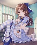  1girl absurdres blue_bow blue_dress bow breasts brown_eyes brown_hair commission dress flat_chest hair_bow high_heels highres idolmaster idolmaster_cinderella_girls indoors long_hair miyakoto pixiv_commission small_breasts solo tachibana_arisu 