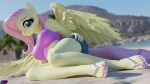  3d_(artwork) 5_toes absurd_res anthro beach bottomwear clothing crop_top digital_media_(artwork) equid equine feet female flip_flops fluttershy_(mlp) footwear friendship_is_magic hand_on_hip hasbro hi_res humanoid_feet looking_at_viewer lying mammal my_little_pony on_side pegasus plantigrade sandals seaside shadowboltsfm shirt shorts solo toes topwear wings 