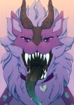 ambiguous_gender black_tongue blue_tongue bodily_fluids brown_horn cheek_tuft collar facial_tuft fangs front_view fur gradient_tongue hi_res horn lionfloof looking_at_viewer mouth_shot narrowed_eyes neck_tuft open_mouth pupils purple_body purple_collar purple_eyes purple_fur purple_pupils ridged_horn saliva saliva_on_tongue saliva_string sharp_teeth simple_background solo teeth tongue tongue_out tuft 
