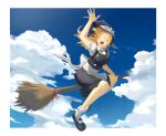  1girl apron black_dress black_footwear black_headwear blonde_hair blue_sky bow braid breasts broom broom_riding buttons closed_eyes cloud collared_shirt commentary_request day dress flying full_body hair_bow hat hat_bow highres howah18 jewelry kirisame_marisa long_hair mary_janes medium_breasts necklace open_mouth outdoors pinafore_dress shirt shoes short_sleeves single_braid sky smile socks solo star_(symbol) star_necklace teeth touhou upper_teeth_only waist_apron waving white_apron white_bow white_shirt witch_hat 