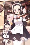  1girl :o absurdres agatsuma_zenitsu alternate_costume alternate_hairstyle apron bakery black_hair broom brown_hair character_doll clock closed_eyes food forehead hair_bun hair_ornament hair_ribbon hairclip highres ice_cream jar kamado_nezuko kimetsu_no_yaiba maid maid_apron maid_headdress multicolored_hair open_mouth pink_eyes pori_(kmt_pori) ribbon shoes shop single_hair_bun stuffed_toy thighhighs white_thighhighs x_hair_ornament 