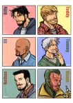  6+boys aged_up alternate_facial_hair bald bara beard black_hair blonde_hair blue_eyes character_request collared_shirt cris_art dark-skinned_male dark_skin ear_piercing facial_hair from_side goatee highres hulkling looking_at_viewer male_focus marvel mature_male multiple_boys mustache pectorals piercing portrait shirt short_hair smile stroking_beard thick_eyebrows vision_(marvel) white_hair wiccan 