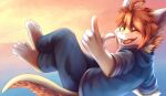  anthro barefoot blue_bottomwear blue_clothing blue_hoodie blue_pants blue_topwear bottomwear clothed clothing dragon eyebrow_through_hair eyebrows fangs feet fur furred_dragon glistening glistening_eyes hair hoodie kutto kuttoyaki looking_at_viewer male one_eye_closed open_mouth open_smile orange_body orange_eyes orange_fur orange_hair pants red_tongue simple_background smile solo teeth tongue topwear translucent translucent_hair white_body white_fur yellow_body yellow_fur 