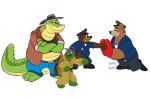  2023 alligator alligatorid anthro bear bear_(franklin) black_nose bottomwear brok_(character) brok_the_investigator brown_body brown_fur clothing crocodilian franklin_(series) franklin_turtle fur group hat headgear headwear hubie360 male mammal overweight overweight_male pants police police_hat police_officer police_uniform r.j._(brok_the_investigator) reptile scalie shirt simple_background topwear turtle uniform white_background 