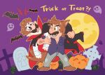  2boys bat_(animal) brothers brown_hair cape carrying chest_hair fireman&#039;s_carry full_moon ghost halloween heart highres kemonomimi_mode luigi male_focus mario mario_(series) moon multiple_boys nowitsevenhotter plant pumpkin purple_background red_eyes siblings tombstone vampire vines werewolf yellow_eyes 