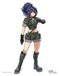  1girl black_gloves blue_eyes blue_hair boots character_name clenched_hand combat_boots deyouron full_body gloves green_jacket green_shorts highres jacket leona_heidern military military_uniform navel numbered ponytail shorts simple_background snk soldier solo suspenders the_king_of_fighters uniform white_background 