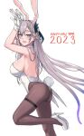  1girl animal_ears ass blue_eyes breasts bright_pupils chinese_zodiac facial_mark fake_animal_ears foot_out_of_frame gloves grey_hair hair_ornament high_heels highres indie_virtual_youtuber kuon_bb large_breasts legs leotard long_hair mole mole_under_eye open_mouth pantyhose playboy_bunny pochimaru_(vtuber) rabbit_ears rabbit_pose rabbit_tail rectangular_pupils solo tail virtual_youtuber white_footwear white_gloves white_leotard white_pupils year_of_the_rabbit 
