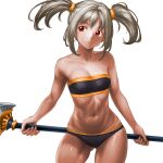  1girl ass_visible_through_thighs bare_arms bare_shoulders bikini black_bikini breasts cleavage closed_mouth collarbone cowboy_shot grey_hair highres holding holding_staff legs_apart midriff minamoto80486 navel red_eyes ringed_eyes short_hair small_breasts solo staff strapless strapless_bikini swimsuit twintails wizardry 