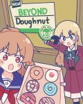  2girls :o beyond_meat blonde_hair blue_eyes blue_sailor_collar blush_stickers bow bowtie brand_name_imitation brown_hair commentary cropped_jacket doughnut english_commentary english_text food green_bow green_bowtie hayasaka_mei highres idoly_pride jacket kabotd long_hair long_skirt long_sleeves looking_at_viewer meme multiple_girls narumiya_suzu open_mouth pastry_box pleated_skirt pointing red_bow red_bowtie red_eyes red_jacket red_skirt sailor_collar sidelocks skirt two_soyjaks_pointing_(meme) 