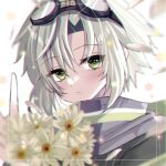  1girl blurry blurry_background curtained_hair dandelion eiyuu_densetsu falling_petals fie_claussell flower framed goggles goggles_on_head green_eyes hair_between_eyes natsusechoco petals portrait scarf sen_no_kiseki sen_no_kiseki_ii short_hair simple_background solo white_background 