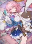  1girl absurdres archery_shooting_glove black_choker blue_eyes blue_skirt blush camera choker highres holding holding_camera honkai:_star_rail honkai_(series) long_sleeves march_7th_(honkai:_star_rail) medium_hair miermere multicolored_eyes off_shoulder photo_(object) pillow pink_eyes pink_hair skirt smile solo stuffed_animal stuffed_rabbit stuffed_toy two-tone_eyes 