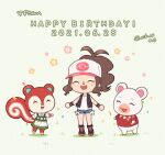  3girls animal_crossing baseball_cap boots brown_hair closed_eyes dated denim denim_shorts exposed_pocket floral_print flower flurry_(animal_crossing) full_body happy_birthday hat hilda_(pokemon) multiple_girls pokemon pokemon_(game) pokemon_bw ponytail poppy_(animal_crossing) protected_link red_sweater shorts smile squirrel_tail sweater tail yairo_(sik_s4) 