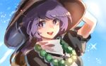  1girl arm_behind_head beads blue_sky bright_pupils brown_hair brown_headwear commentary_request day hat hemo_(hemoroda) hijiri_byakuren long_hair multicolored_hair open_mouth prayer_beads puffy_short_sleeves puffy_sleeves purple_eyes purple_hair shirt short_sleeves sketch sky smile solo sparkle touhou white_shirt yellow_pupils 