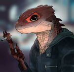  2023 anthro blurred_background brown_body brown_scales bust_portrait cigarette clothing crocodile_skink digital_media_(artwork) dorsal_ridge drijuce hi_res holding_cigarette holding_object jacket lizard looking_at_viewer male portrait red-eyed_crocodile_skink red_body red_scales reptile scales scalie skink solo tan_body tan_scales topwear yellow_eyes zipper 