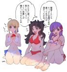  3girls ahoge artoria_pendragon_(fate) bikini black_ribbon blue_ribbon braid breasts brown_hair collarbone fate/stay_night fate_(series) food fruit green_eyes hair_ribbon hal_(haaaalhal) highres holding holding_food holding_fruit kneeling knees_up large_breasts long_hair matou_sakura multiple_girls open_mouth purple_eyes purple_hair red_bikini red_ribbon ribbon saber side-tie_bikini_bottom signature simple_background sitting smile speech_bubble swimsuit tohsaka_rin translation_request watermelon watermelon_slice white_background white_bikini 