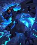  absurdres animal_focus blue_background blue_theme claws colored_sclera electricity glowing glowing_eyes glowing_tail highres narumi_hyou no_humans pokemon pokemon_(creature) red_sclera sharp_teeth solo teeth yellow_eyes zekrom 