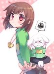  &gt;_&lt; 1boy 1girl asriel_dreemurr black_pants brown_hair brown_shorts chara_(undertale) closed_eyes from_side goat_boy gold_necklace green_sweater heart heart_necklace jewelry looking_at_viewer looking_back necklace pants pink_background red_eyes shorts sitting smile striped striped_sweater sweater undertale white_background xox_xxxxxx 