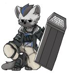  anthro arknights bandolier black_hair blue_hair clothed clothing ear_piercing eyebrow_piercing facial_piercing fur grey_body grey_fur hair holding_object holding_shield hyena hypergryph looking_at_viewer male mammal meidainidaye multicolored_hair piercing riot_shield shield solo spot_(arknights) spotted_hyena studio_montagne two_tone_hair 