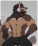  anthro beard black_bottomwear black_clothing black_pants bottomwear brown_body brown_fur brown_hair canid canine canis clothed clothing digital_media_(artwork) facial_hair fur hair hi_res male mammal multicolored_body multicolored_fur muscular muscular_anthro muscular_male nipples open_mouth pants pecs phinnherz simple_background sitting smile solo tail tan_body tan_fur teeth topless white_body white_fur wolf 