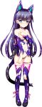  1girl animal_ears black_footwear blue_eyes blue_hair blush breasts cat_ears cat_hair_ornament cat_tail choker cum cum_on_body cum_on_clothes cum_on_hair detached_sleeves facial fake_animal_ears fake_tail full_body hair_ornament highres hikami_aoi long_hair looking_at_viewer mary_janes navel nipples non-web_source official_art photoshop_(medium) shinsei_kourin_arcanarouge_~hakudaku_to_shokushu_ni_kegasareshi_mahou_shoujo-tachi~ shoes small_breasts solo standing tachi-e tail thighhighs torn_clothes transparent_background 