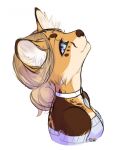  2022 anthro blonde_hair blue_eyes breasts brown_body brown_fur brown_nose clothed clothing collar collar_only dreepy eyebrows eyelashes felid feline felis female fika_(fikanori) fur generation_8_pokemon hair hi_res inner_ear_fluff koiren long_hair looking_up mammal nintendo nude pokemon pokemon_(species) portrait serval simple_background smile solo spots spotted_body spotted_fur tuft watermark yellow_body yellow_fur 
