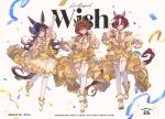  3girls agnes_tachyon_(umamusume) ahoge animal_ears arm_up belt blue_headwear boots breasts brown_hair character_name clenched_hand closed_mouth confetti congratulations copyright_name english_text epaulettes eyepatch gloves hair_between_eyes hair_over_one_eye half-skirt hand_on_own_hip hat highres horse_ears horse_girl horse_tail jacket long_hair long_sleeves looking_at_viewer multicolored_hair multiple_girls open_mouth red_eyes rice_shower_(umamusume) road_of_radiance_(umamusume) short_hair shorts signature skirt small_breasts smile streaked_hair streamers tail tanino_gimlet_(umamusume) thighhighs timestamp umamusume welchino white_footwear white_gloves white_thighhighs yellow_jacket yellow_shorts yellow_skirt 