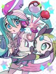  1girl :o absurdres bag beanie blue_eyes blue_hair bracelet collared_shirt commentary english_commentary gloves green_hair grey_skirt hair_between_eyes hair_ribbon hands_up hat hatsune_miku headphones highres jewelry long_hair looking_at_another meloetta meloetta_(aria) multicolored_hair open_mouth pink_ribbon plaid plaid_skirt pleated_skirt poke_ball poke_ball_(basic) pokemon pokemon_(creature) polo_shirt project_voltage psychic psychic_miku_(project_voltage) ribbon shirt short_sleeves shoulder_bag single_glove skirt solo sparkle star_(symbol) twintails usa_go13 very_long_hair vocaloid white_gloves white_headwear white_shirt 