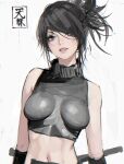  1girl black_hair breasts cropped_sweater d.k grey_eyes grey_sweater hair_over_one_eye impossible_clothes looking_at_viewer medium_breasts midriff navel original skin_tight sleeveless sleeveless_sweater solo sweater turtleneck turtleneck_sweater unfinished upper_body white_background 