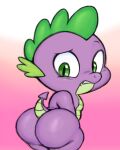  2023 anthro big_butt butt butt_focus clenched_teeth dragon filthyopossum friendship_is_magic green_eyes hasbro hi_res looking_back male my_little_pony nude purple_body purple_butt simple_background solo spade_tail spike_(mlp) tail teeth 