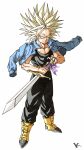  1boy belt black_jumpsuit blonde_hair blue_jacket boots dragon_ball dragon_ball_z full_body green_eyes highres holding holding_sword holding_weapon jacket jacket_on_shoulders jumpsuit kakeru_(dbskakeru) looking_to_the_side male_focus simple_background sleeveless solo spiked_hair super_saiyan super_saiyan_1 sword toriyama_akira_(style) trunks_(dragon_ball) trunks_(future)_(dragon_ball) weapon white_background yellow_footwear 