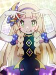  +_+ blonde_hair blunt_bangs braid dress elbow_gloves flower gloves green_eyes hair_flower hair_ornament headband highres hoshino_ai&#039;s_pose jewelry lillie_(anniversary_2021)_(pokemon) lillie_(pokemon) long_hair marie_(marie_cookie222) neck_ring pokemon pokemon_(game) pokemon_masters_ex purple_dress purple_headband sleeveless sleeveless_dress smile starry_background tongue tongue_out twin_braids white_gloves 