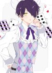  1boy absurdres blonde_hair buttons card collared_shirt commentary_request cowboy_shot drawn_ears ensemble_stars! fingernails hair_over_one_eye hand_up highres long_sleeves looking_at_viewer male_focus multicolored_hair neck_ribbon one_eye_covered open_mouth oshi_cutepm playing_card purple_hair purple_ribbon ribbon sengoku_shinobu shirt short_hair solo two-tone_hair vest yellow_eyes 