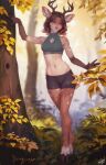  1girl animal_ear_fluff animal_ears antlers autumn_leaves black_shorts breasts brown_eyes brown_hair cleavage_cutout clothing_cutout completely_nude deer_antlers deer_ears deer_girl deer_tail facing_viewer forest furry furry_female green_shirt highres hooves midriff nature navel nude original personal_ami shirt short_hair short_shorts shorts sleeveless sleeveless_shirt small_breasts smile solo tail tree 