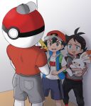  3boys ash_ketchum backpack bag ball_guy baseball_cap black_hair black_pants blue_eyes blue_vest brown_eyes commentary_request goh_(pokemon) green_bag grey_headwear grey_shirt grey_shorts hat highres holding holding_poke_ball holding_pokemon male_focus mascot_head multiple_boys open_mouth pants pikachu poke_ball poke_ball_(basic) pokemon pokemon_(anime) pokemon_(creature) pokemon_journeys pokesumomo red_headwear red_socks scorbunny shirt short_sleeves shorts socks standing sweat t-shirt teeth tongue upper_teeth_only vest white_shirt 