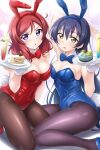  2girls absurdres animal_ears asymmetrical_docking black_pantyhose blue_bow blue_bowtie blue_hair blue_leotard bow bowtie breast_press breasts cake cleavage commentary_request commission detached_collar food highres kirisaki_reina kneeling leotard long_hair looking_at_viewer love_live! love_live!_school_idol_project medium_breasts medium_hair multiple_girls nishikino_maki pantyhose partial_commentary plate playboy_bunny purple_eyes rabbit_ears rabbit_tail red_bow red_bowtie red_hair red_leotard skeb_commission sonoda_umi strapless strapless_leotard tail wrist_cuffs yellow_eyes 