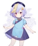  1girl alternate_costume blue_dress blush china_dress chinese_clothes coin_hair_ornament dress floral_background genshin_impact hair_between_eyes hair_ornament hat highres jiangshi kaxukin looking_at_viewer ofuda ofuda_on_head parted_lips pleated_skirt purple_eyes purple_hair purple_headwear purple_skirt qing_guanmao qiqi_(genshin_impact) short_hair short_sleeves skirt solo twitter_username white_background 